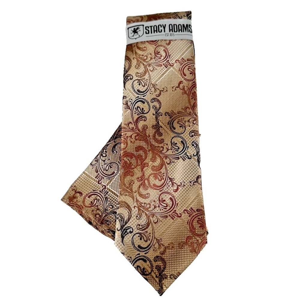 Stacy Adams Men's Tie Hanky Set Beige Melon Brown Floral Plaids Microfiber 3.25"